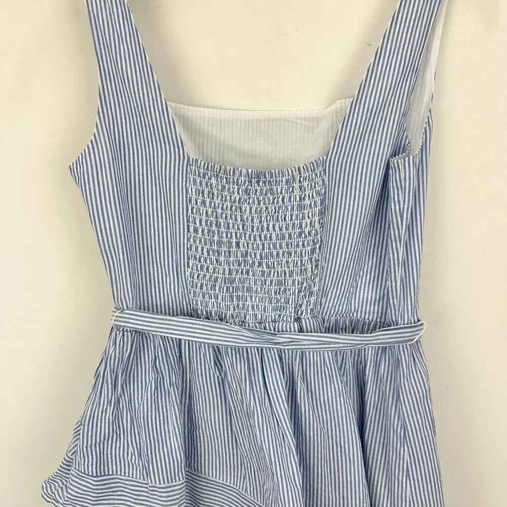 J.Crew Striped Sleeveless Belted Tiered Dress White Banker Blue Retro US 6 NWT